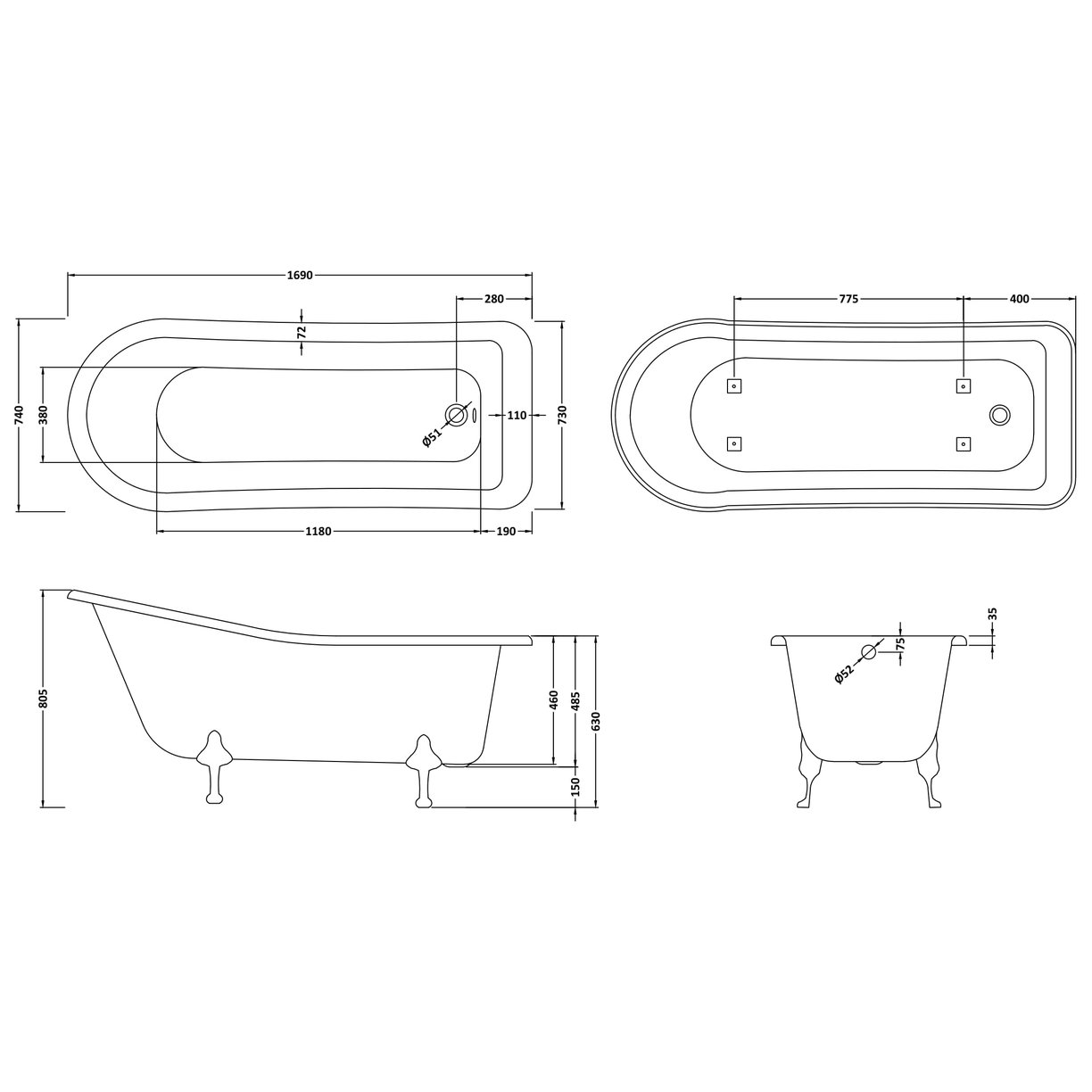 1700 Slipper Freestanding Bath - White