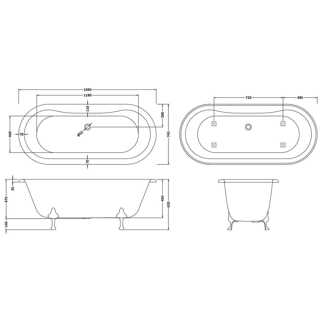 1700 De Freestanding Bath 1690X745X650 - White
