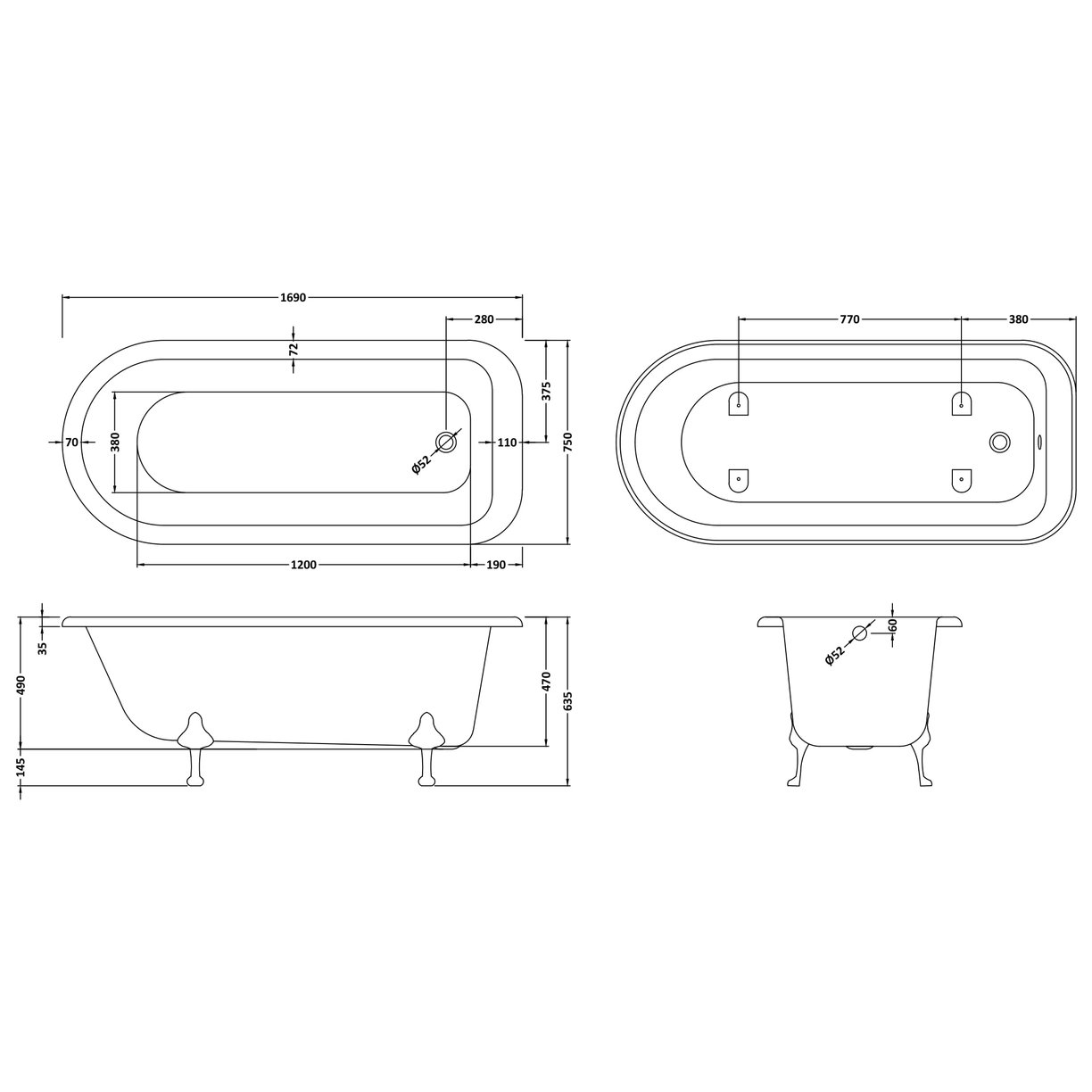 1700 Single Ended Freestanding Bath - White