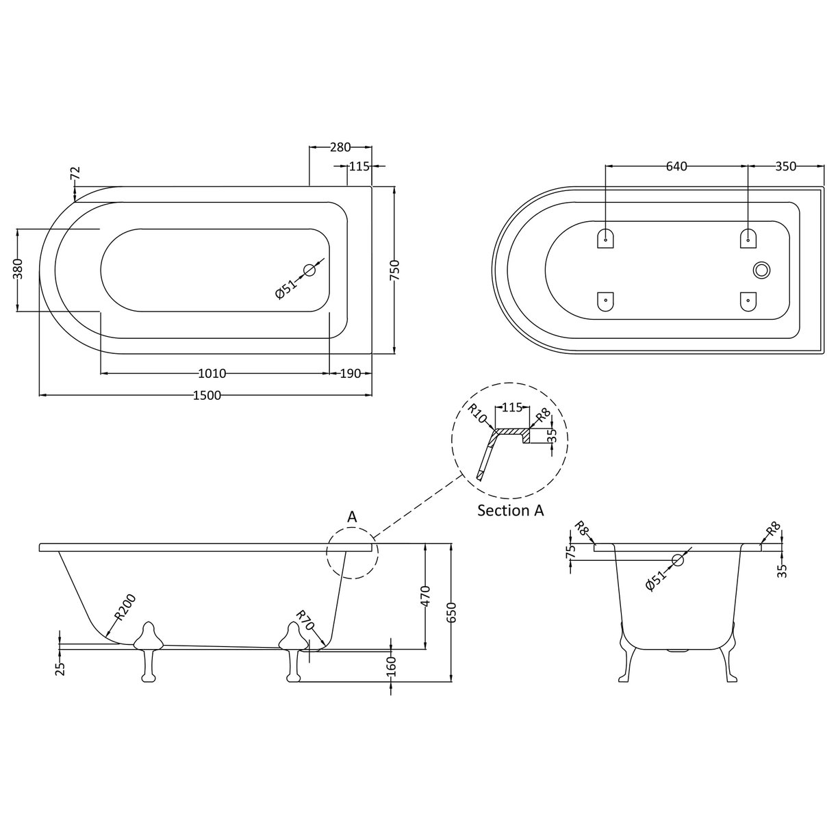 1500 Freestanding Shower Bath Pride Leg Set - White