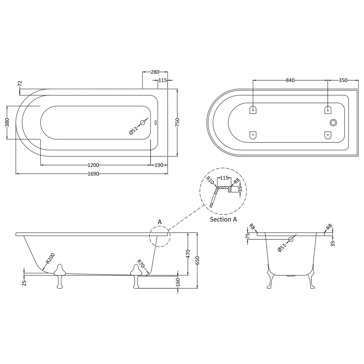 1700 Freestanding Shower Bath Pride Leg Set - White