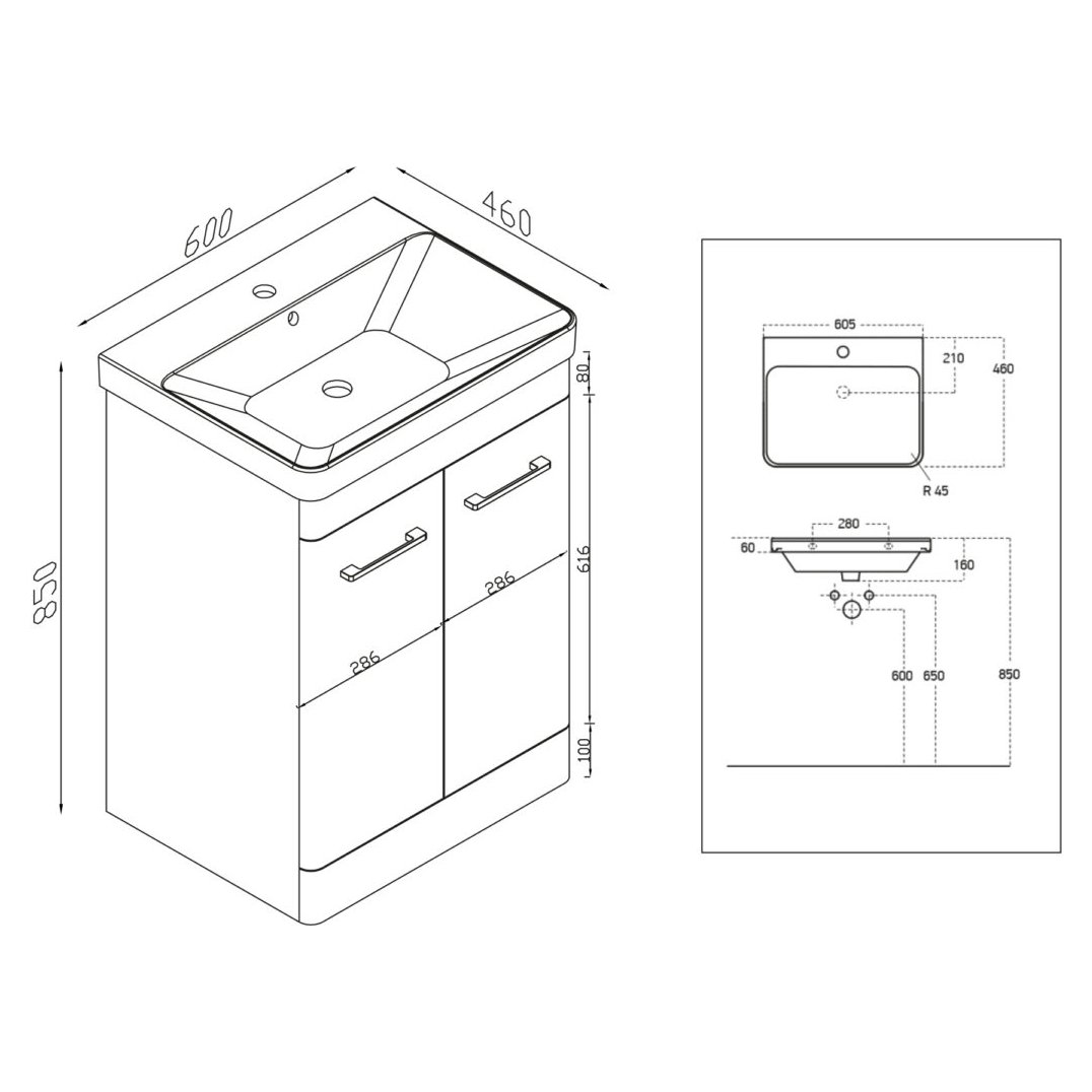 Rossini Floor Standing 600mm Wide Vanity Unit - White Gloss