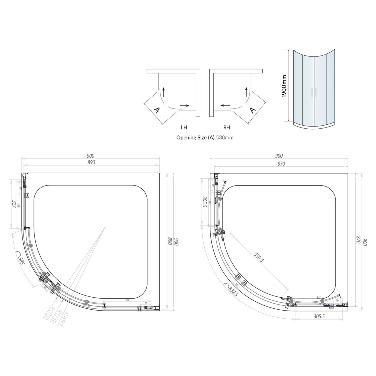 Brushed Brass 6mm  900mm Double Door Quad (1900mm)