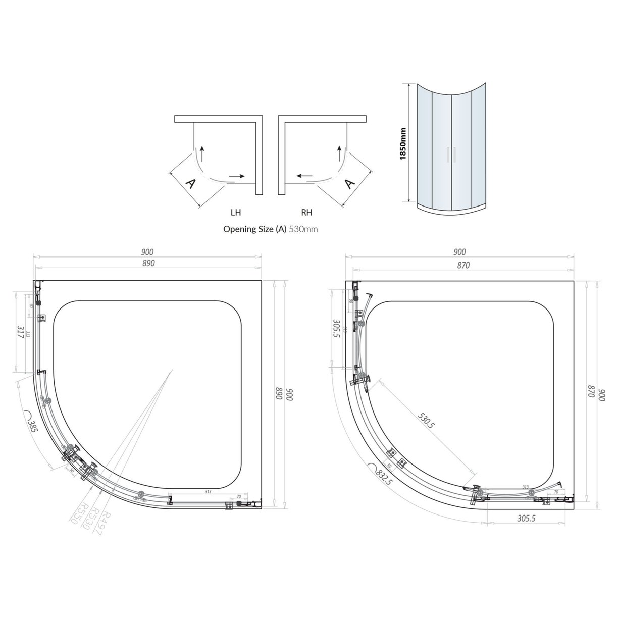 Scudo 6mm Black Glass 900mm Double Door Quad (1850mm)