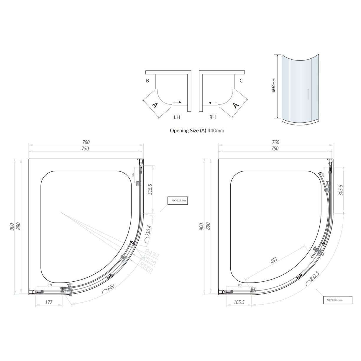 Single Door Quadrant 900x760 mm