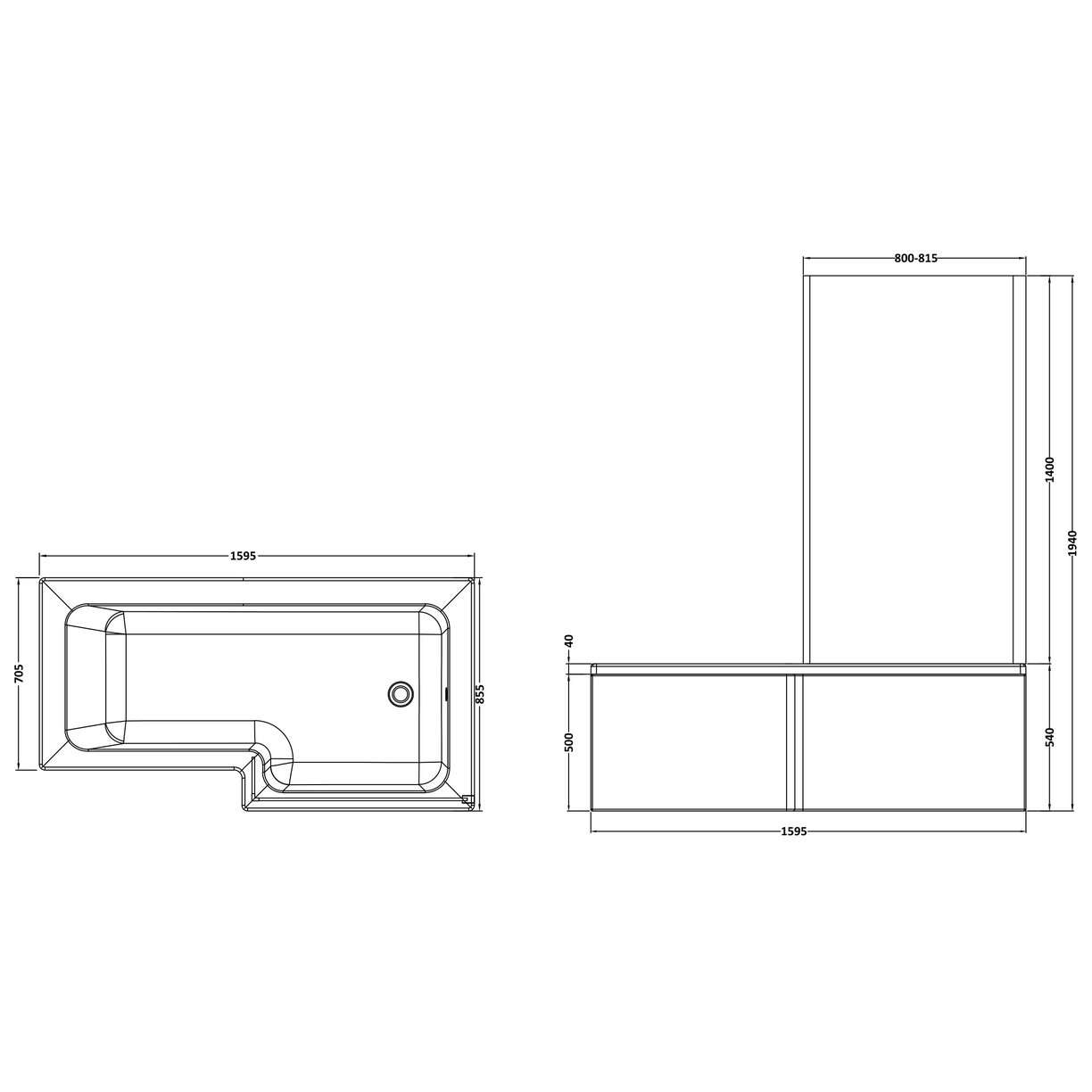 1600mm Sq S/Bath Pack Rh (5mm L Screen) - White