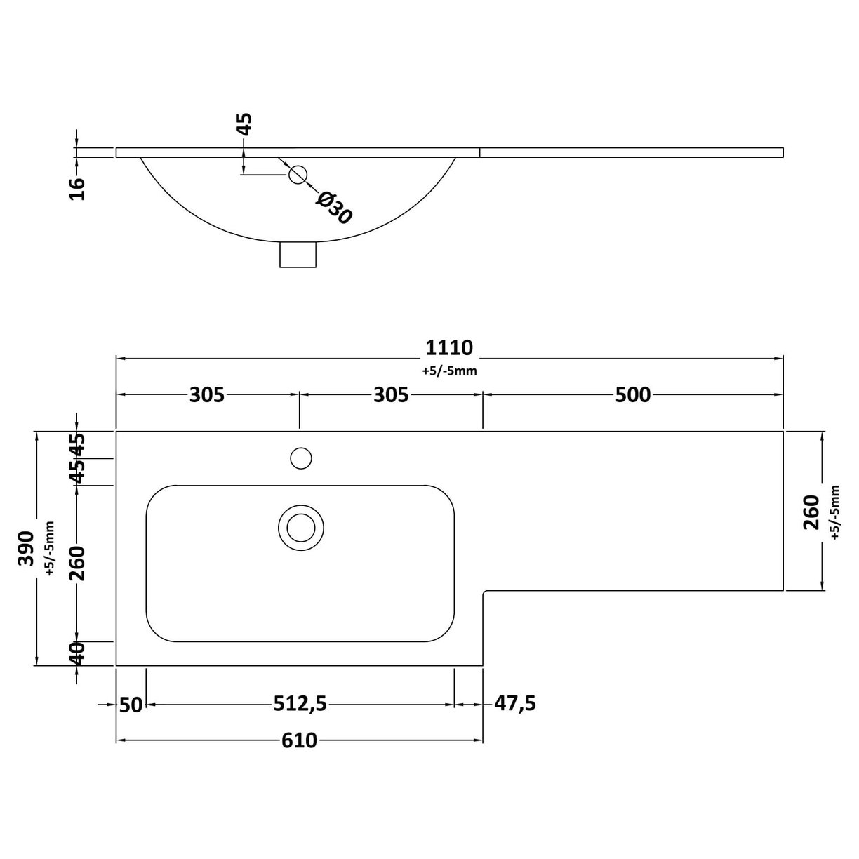 1100 'L' Shaped Basin 1TH LH - Matt White