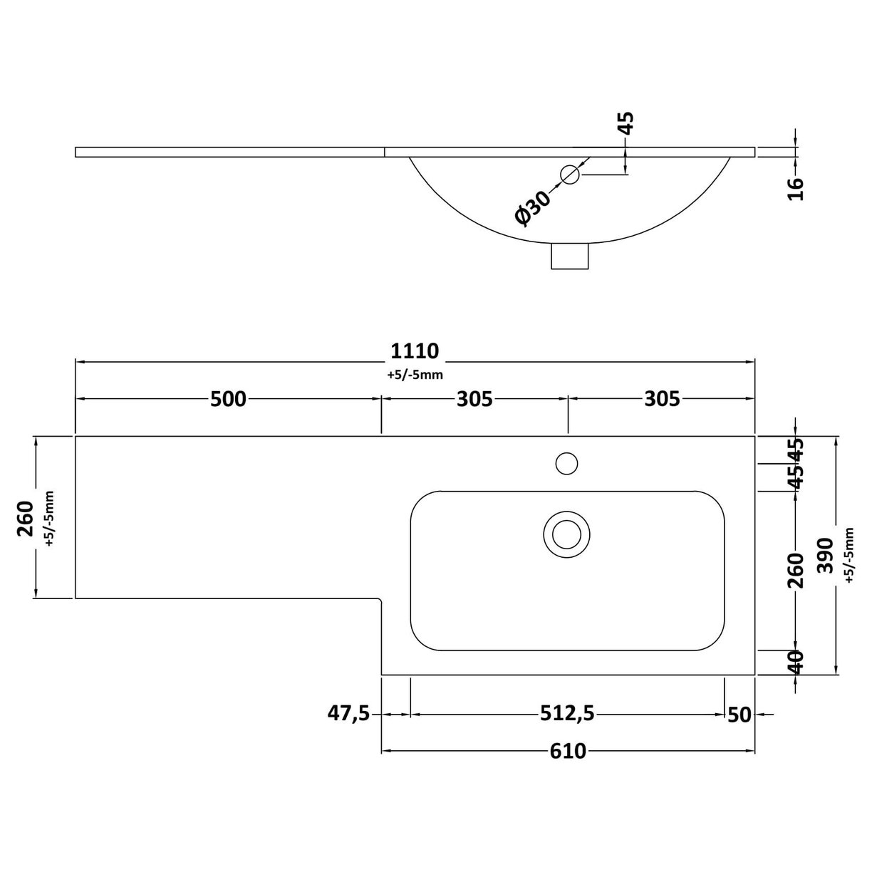 1100 'L' Shaped Basin 1TH RH - Matt White