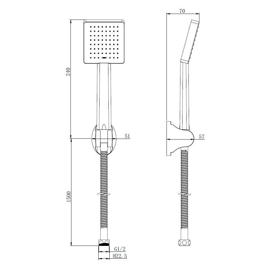 Square Handset, Hose and Single Function Head