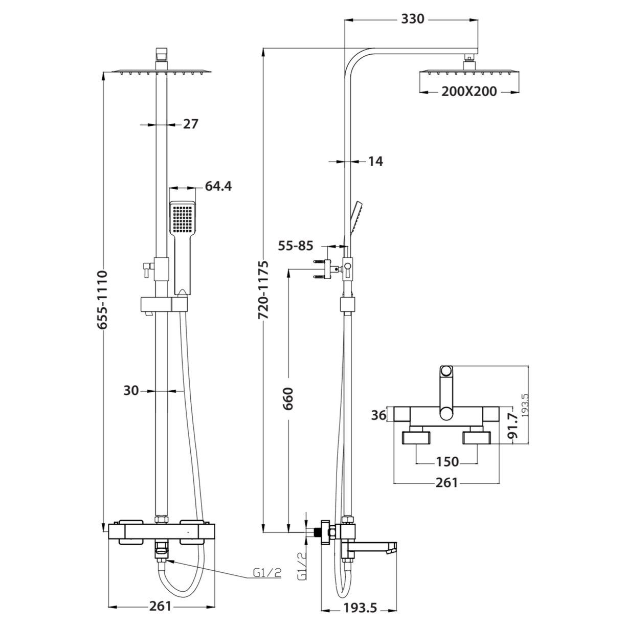 Square Rigid Riser Shower with Bath Filler