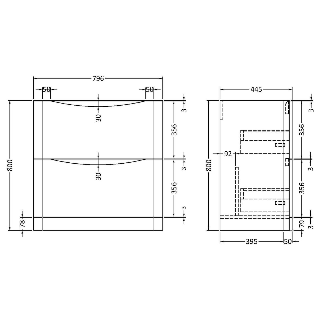 800mm F/S 2-Drawer Unit - Satin Soft Black