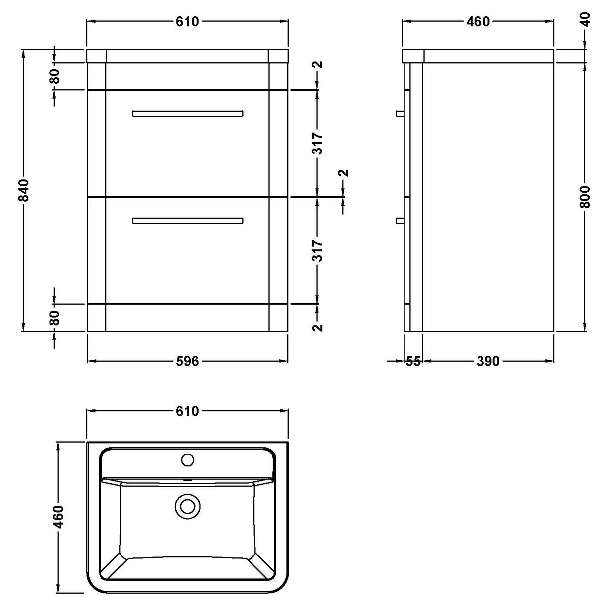 Solar 600 F/S 2-Drawer Unit & Basin - Pure White
