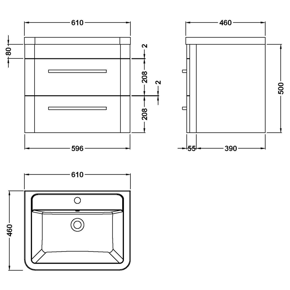 Solar 600 W/H 2-Drawer Unit & Basin - Cool Grey