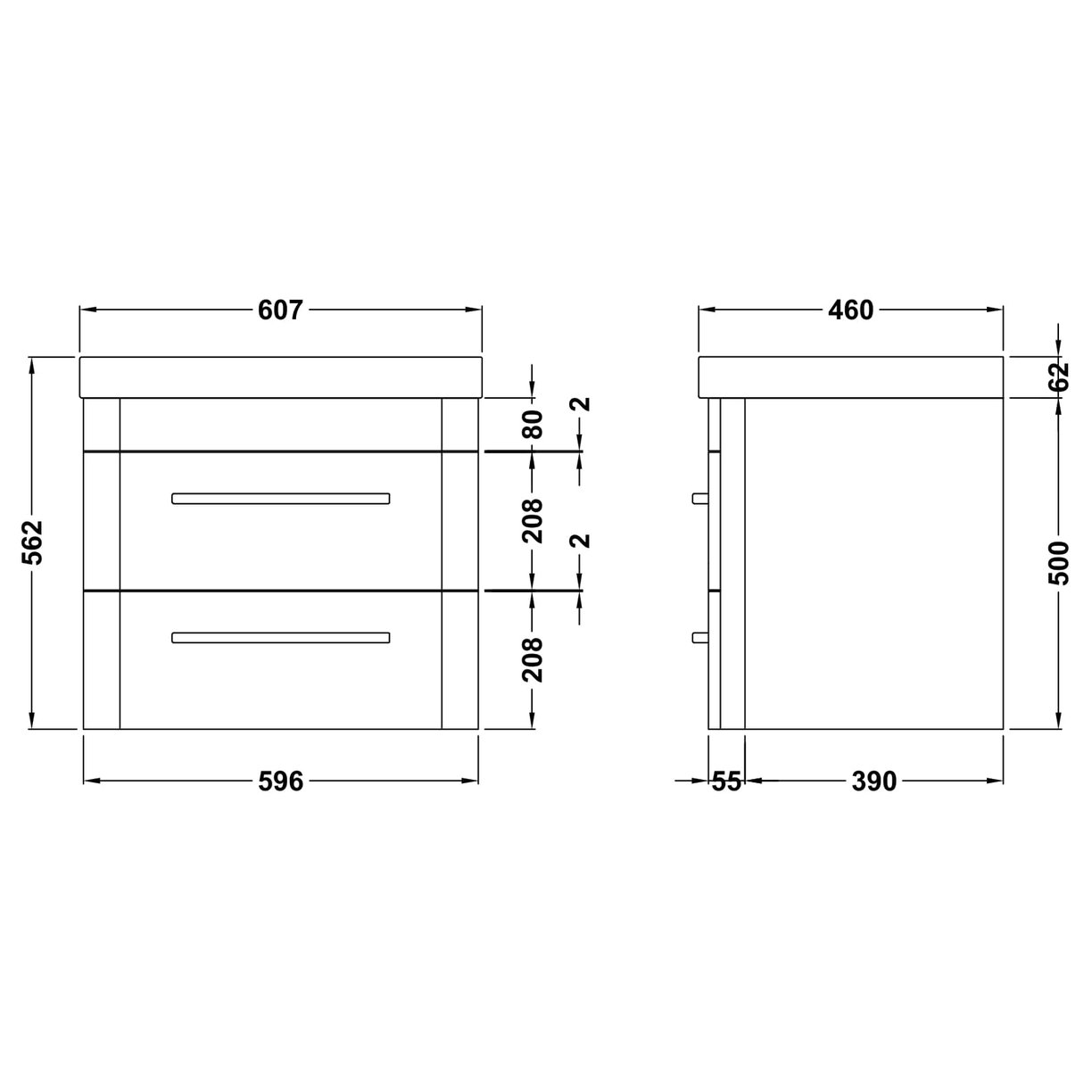 Solar 600 W/H 2-Drawer Unit & Thin Basin - Cool Grey