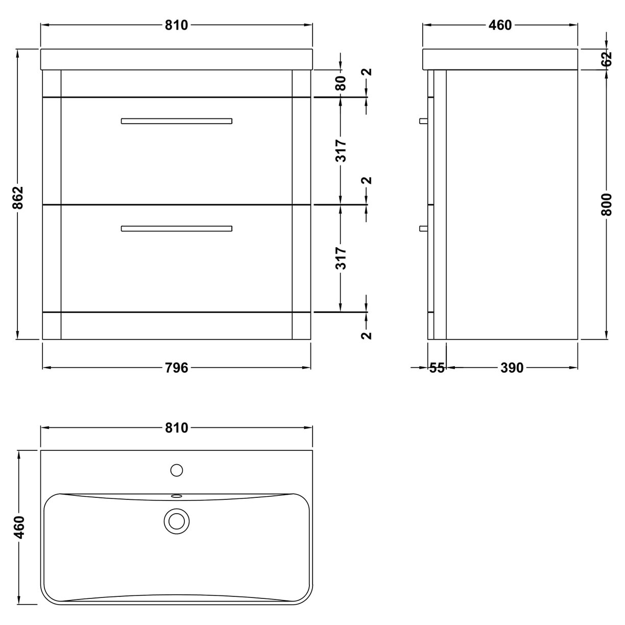 Solar 800 F/S 2-Drawer Unit & Thin Basin - Indigo Blue