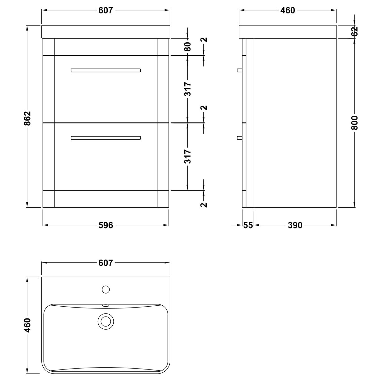 Solar 600 F/S 2-Drawer Unit & Thin Basin - Matt Fern Green