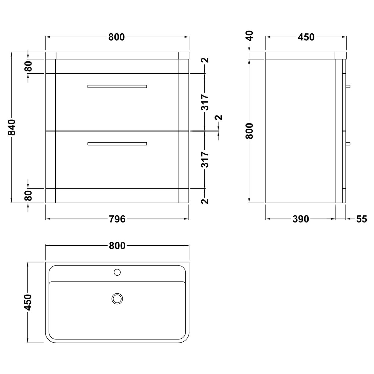 Solar 800 F/S 2-Drawer Unit & Polymarble Basin - Matt Fern Green