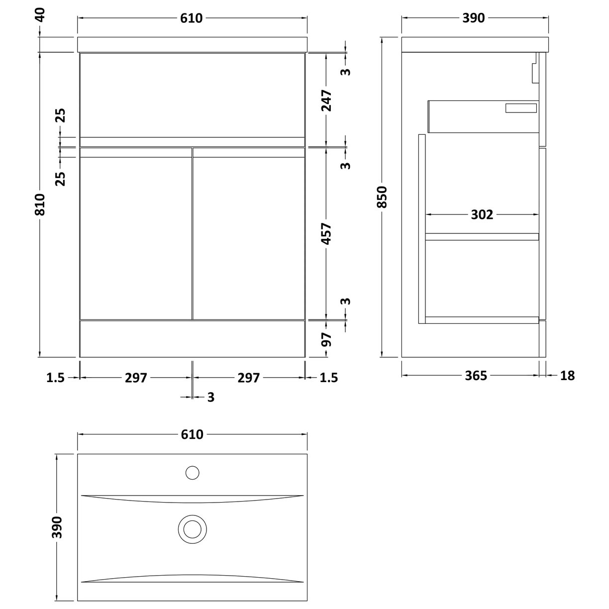 600 F/S 2-Door/Drawer Unit & Basin 1 - Satin White