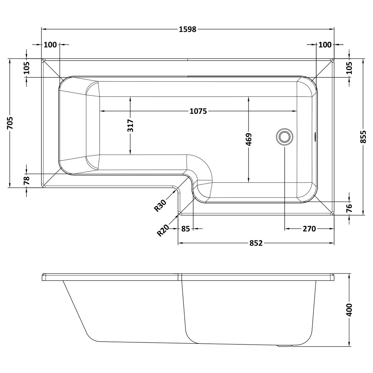 1600mm Square Shower Bath Rh - White