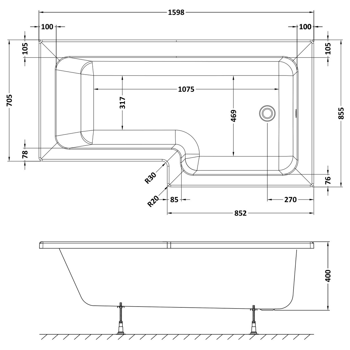 Square Shower Bath R/H 1600 x 850mm - White