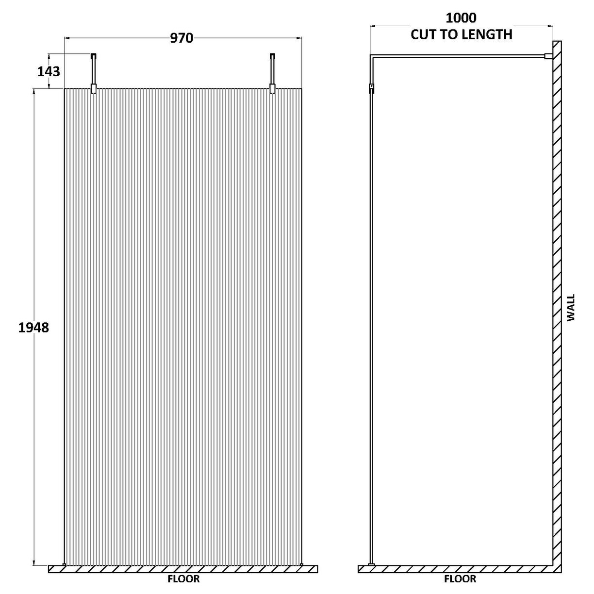 1000 Fluted Wetroom Screen With Arms And H Feet - Brushed Brass