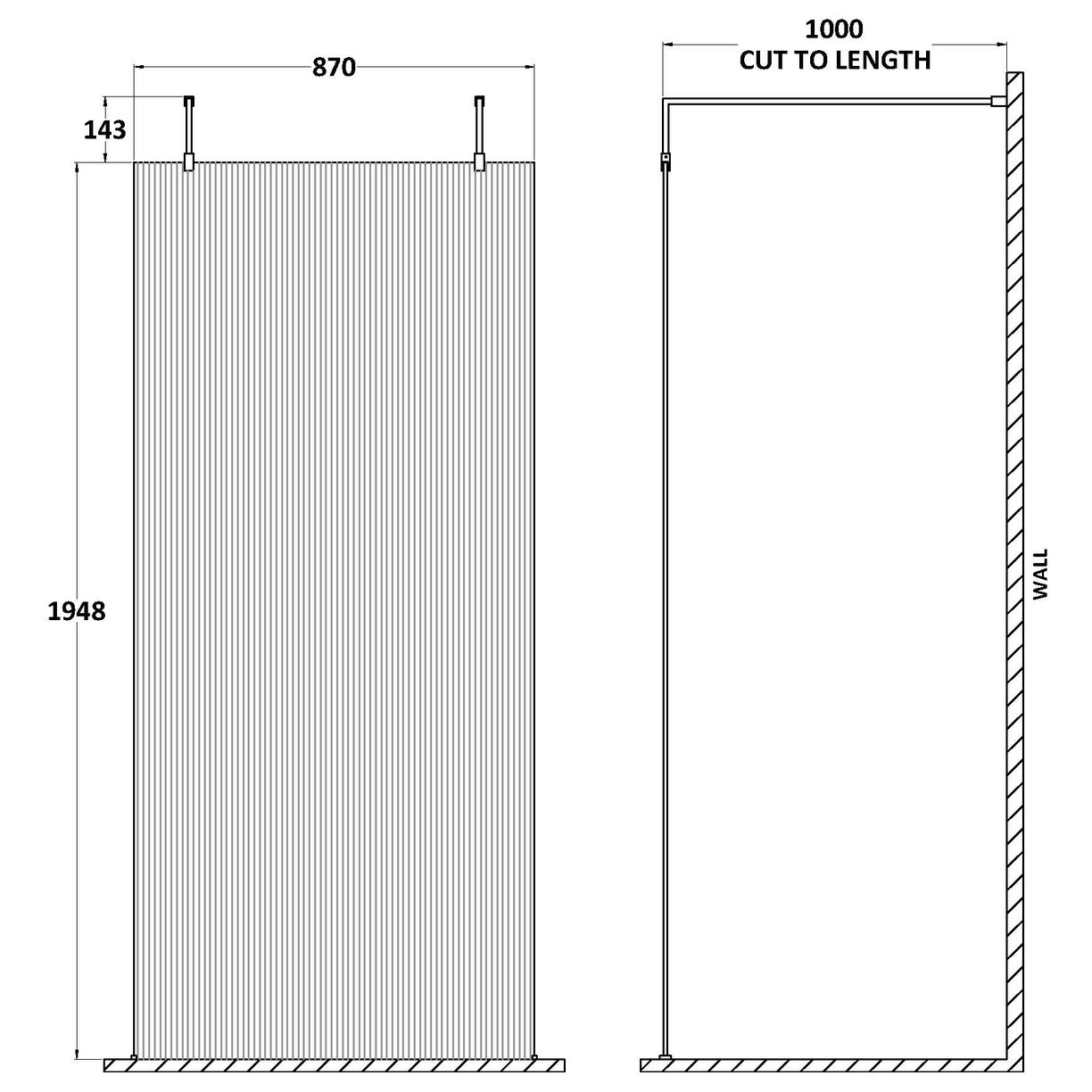 900 Fluted Wetroom Screen With Arms And H Feet - Matt Black