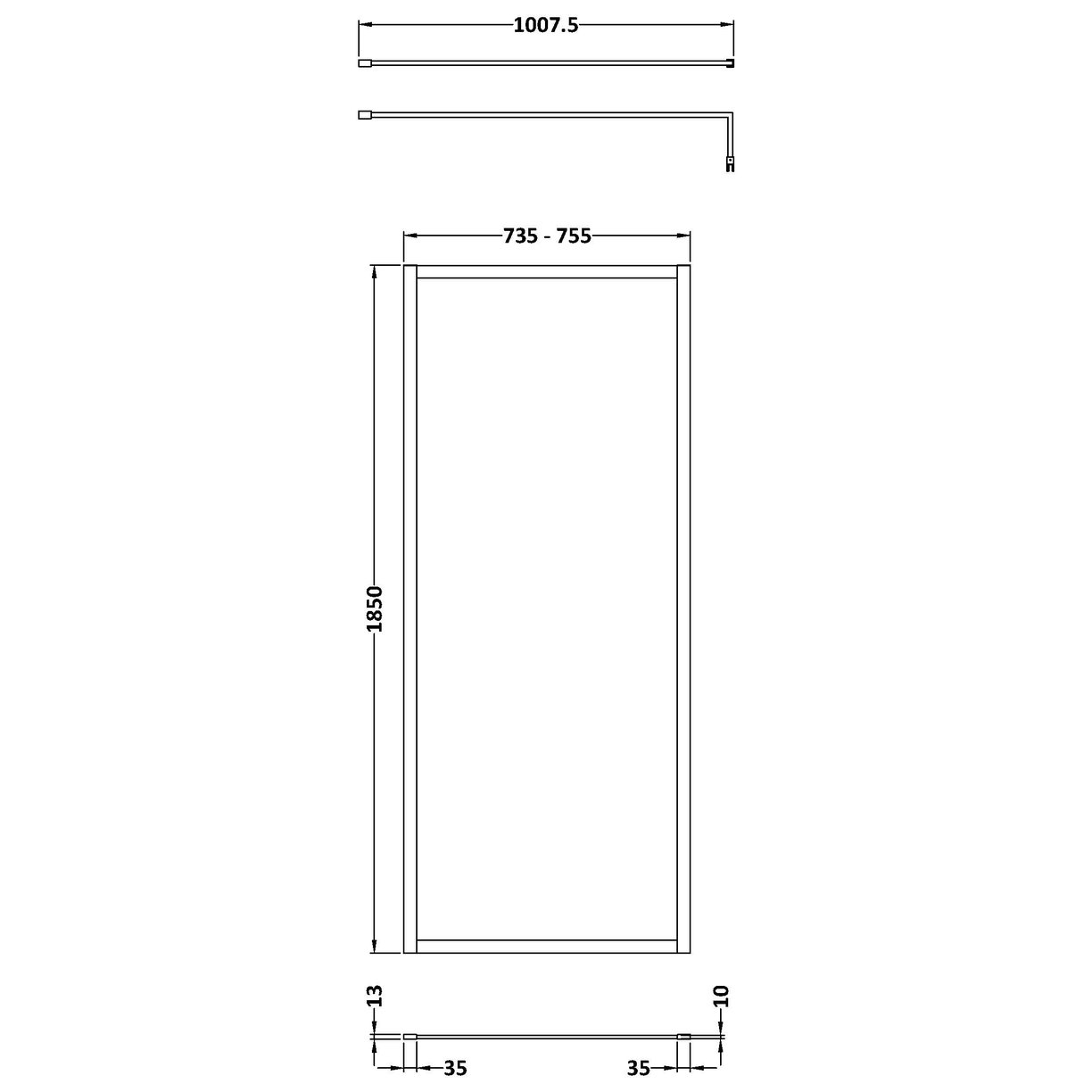 Full Frame Wetroom Screen 1850x 760 x8mm - Brushed Brass