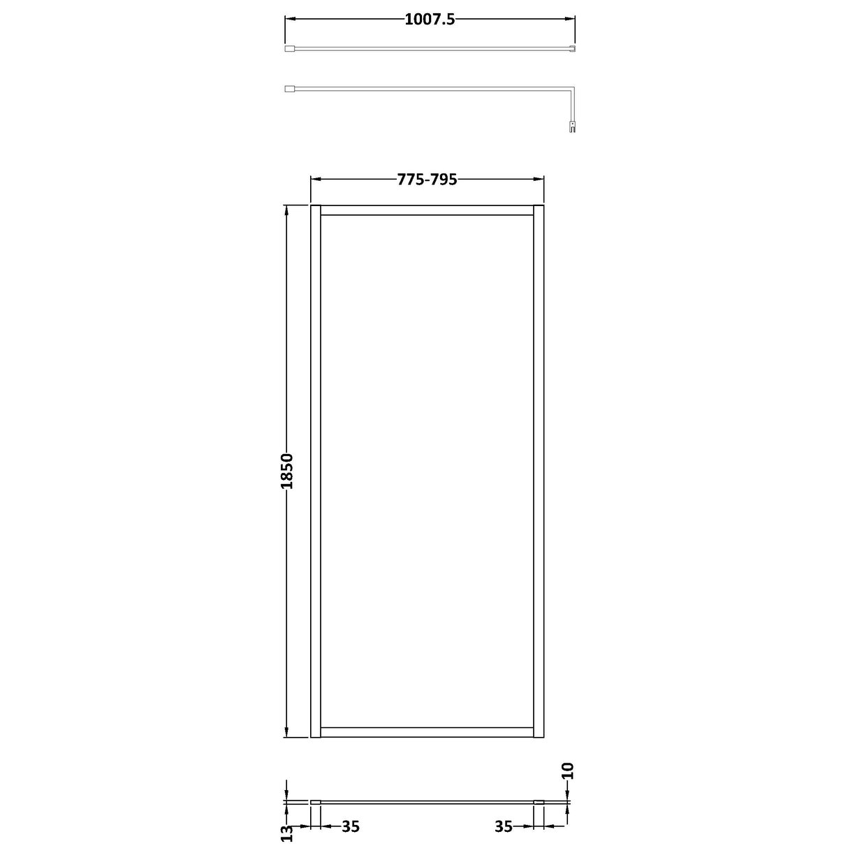 Full Frame Wetroom Screen 1850x 800 x8mm - Brushed Brass