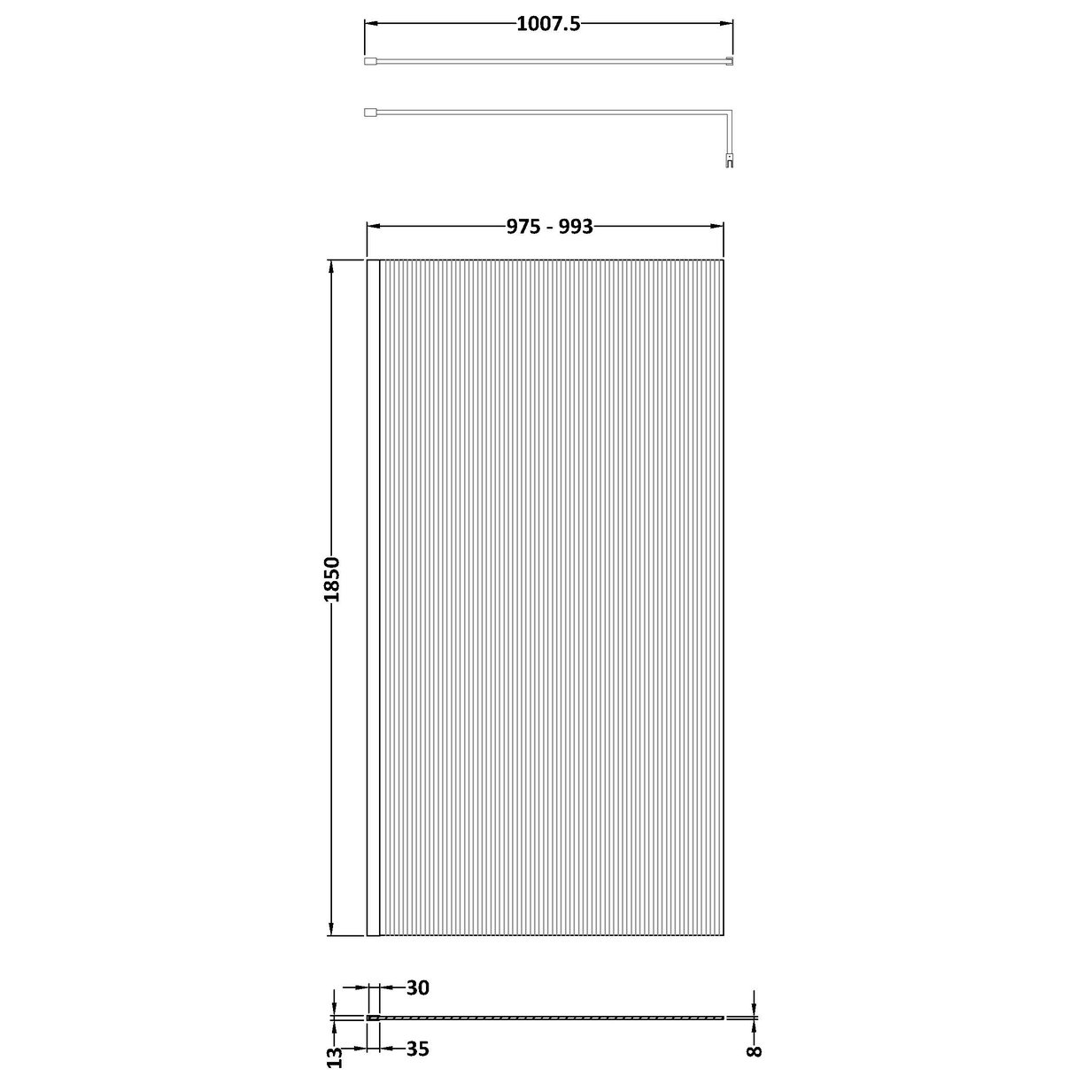 1000 x 1850mm Fluted Wetroom Screen Inc' BAR - Brushed Brass