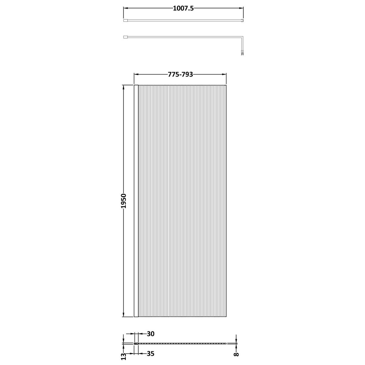 800X1950 Fluted Wetroom Screen Inc' Bar - Chrome