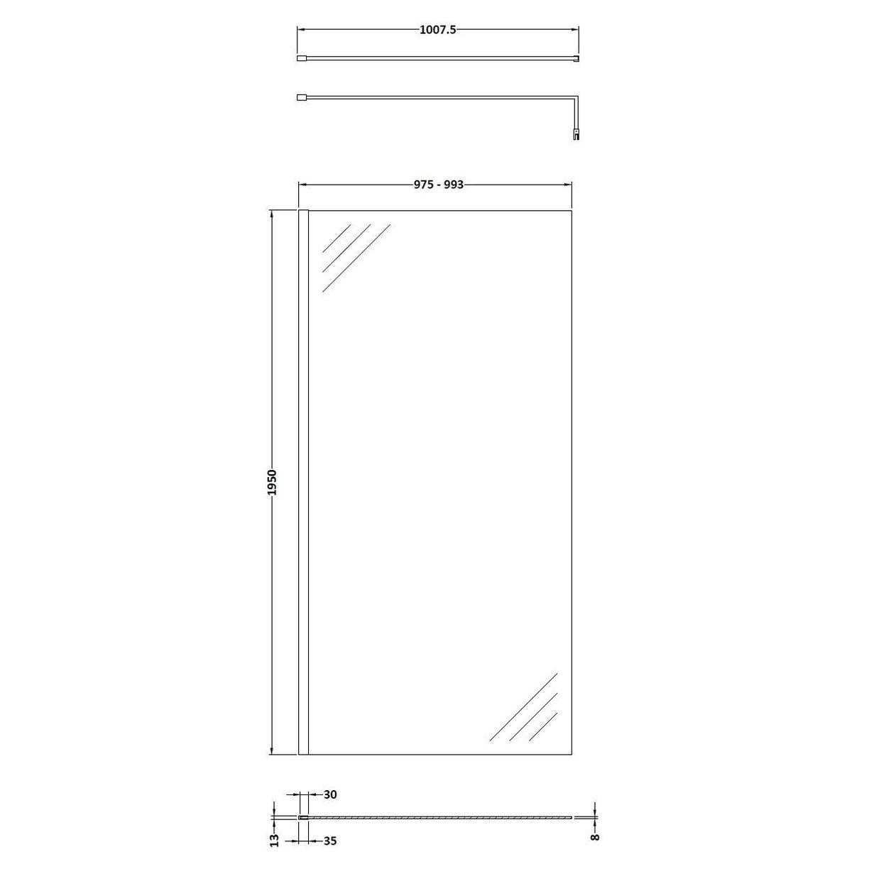 1000Mm Wetroom Screen & Support Bar - Chrome