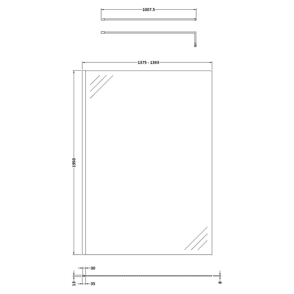 1400Mm Wetroom Screen & Support Bar - Chrome