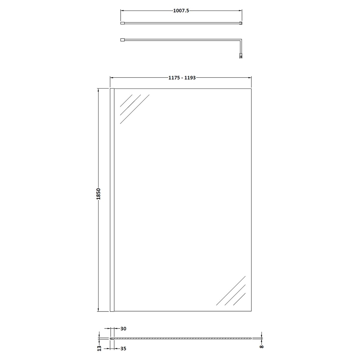 Wetroom 1850x8 1200mm Wetroom Screen & Support Bar