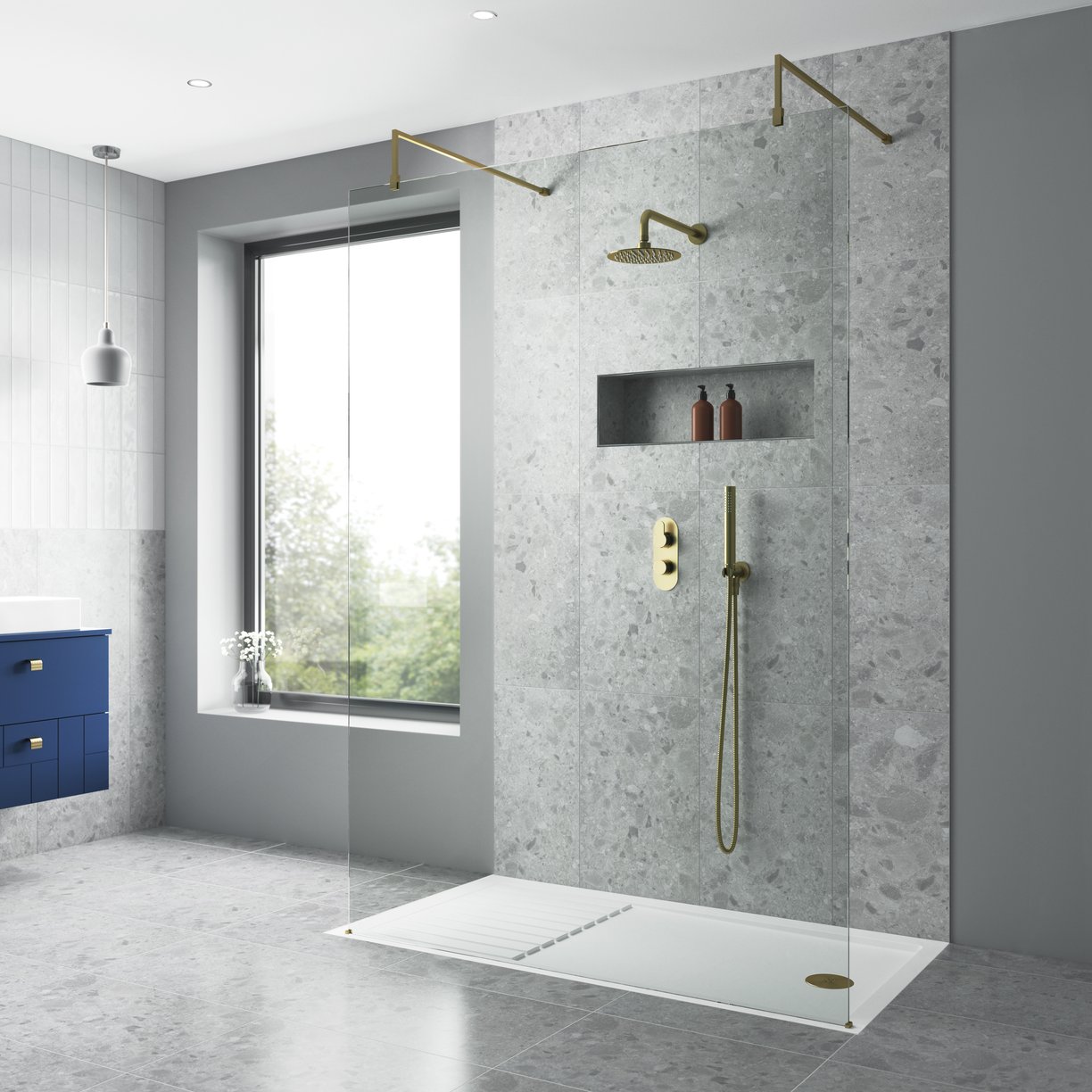 Wetroom Screen 1400 x 1850 x 8mm - Brushed Brass