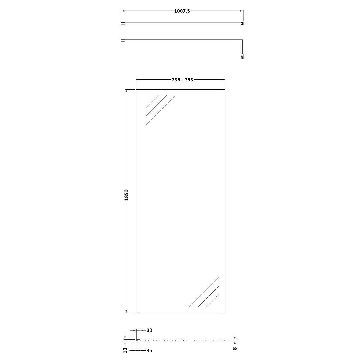 760mm Wetroom Screen With Support Bar - Matt Black