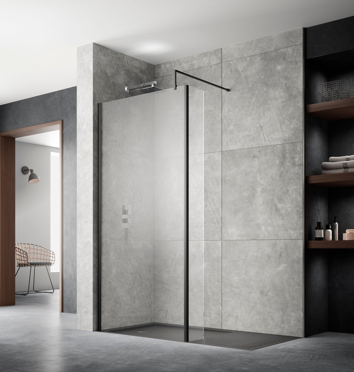 760mm Wetroom Screen With Support Bar - Matt Black