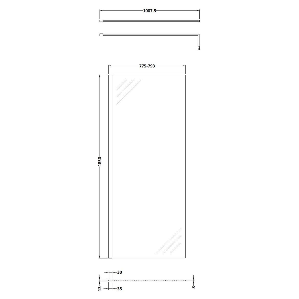 800mm Wetroom Screen With Support Bar - Matt Black