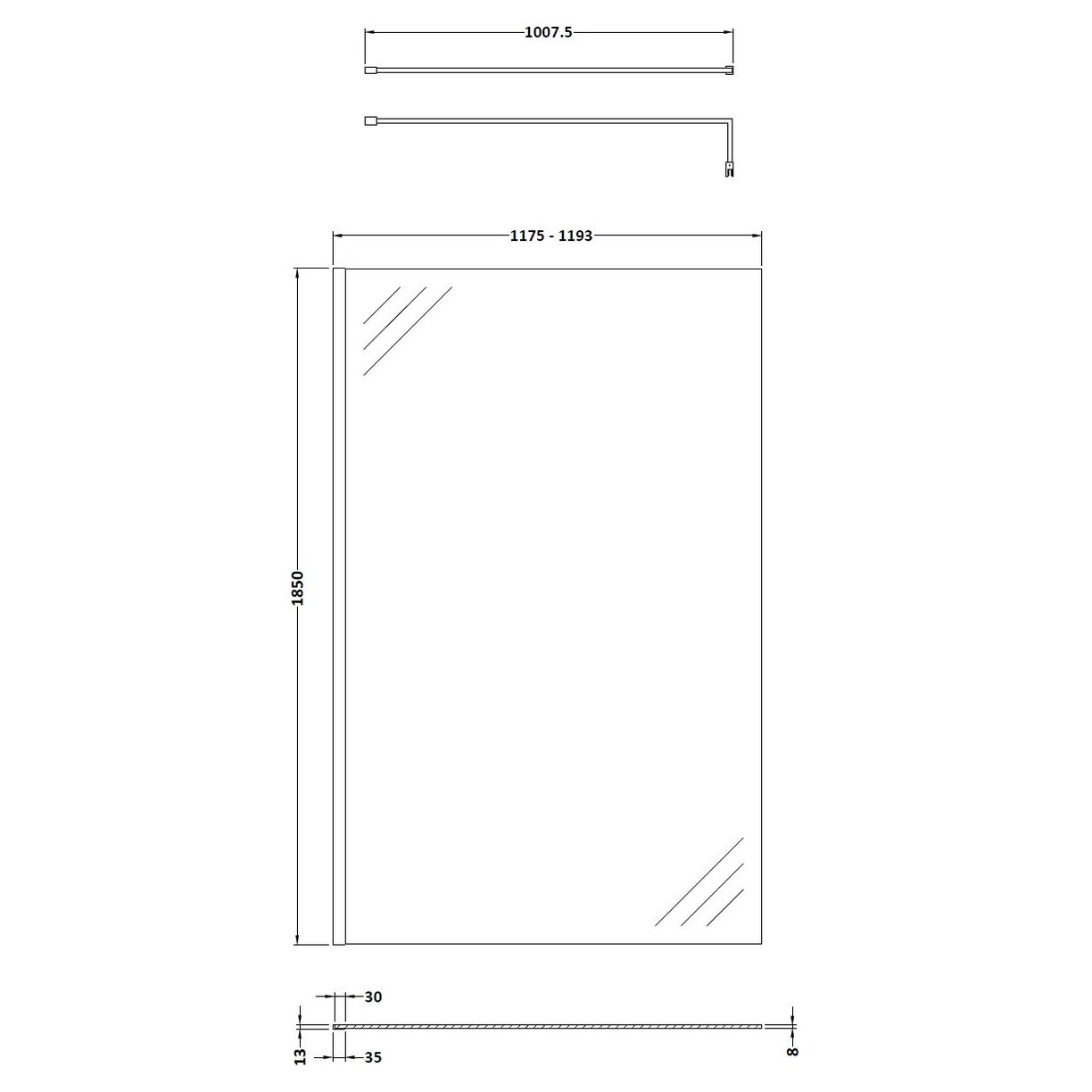 1200mm Wetroom Screen With Support Bar - Matt Black