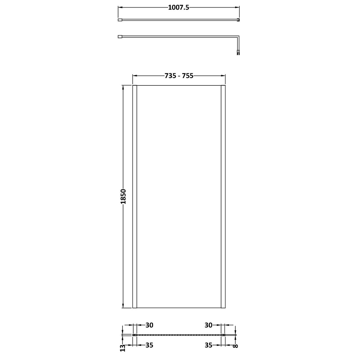 Wetroom Screen 760 x 1850 x 8mm - Brushed Brass