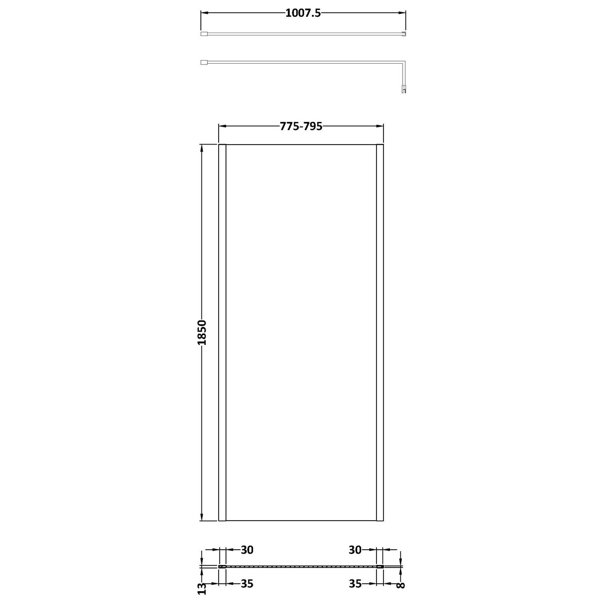 Wetroom Screen 800 x 1850 x 8mm - Brushed Brass