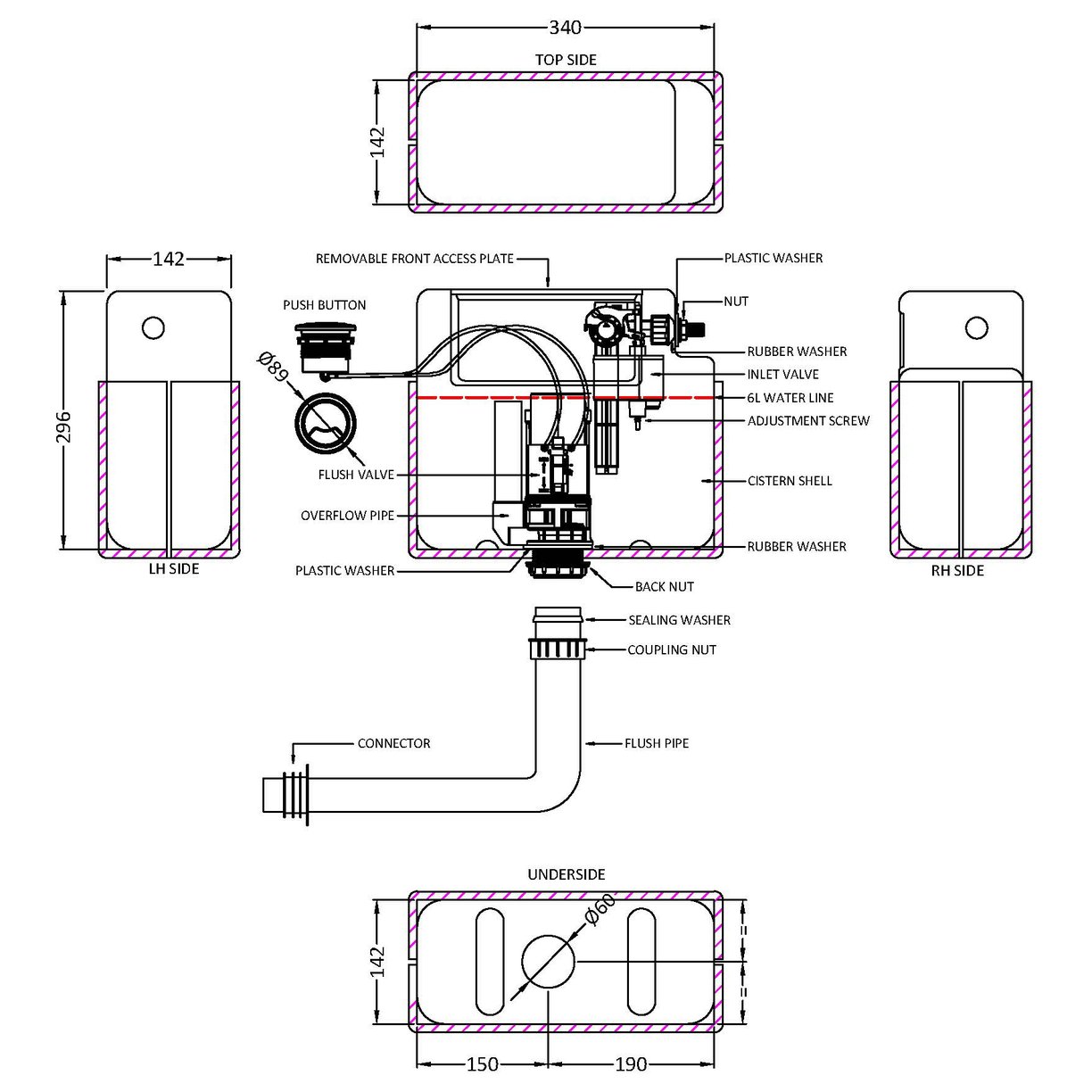 Dl Flush Uni Cist Pneumatic & Poly Shrd - Black/White